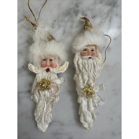 The Unbranded Brand Other - White Glitter Santa Claus Icicle Ornaments Gold Accents Faux Fur Trim Set of 2